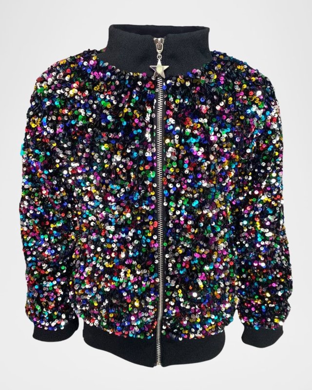 Girl's Shimmering Stardust Sequin Bomber Jacket, Size 2-1